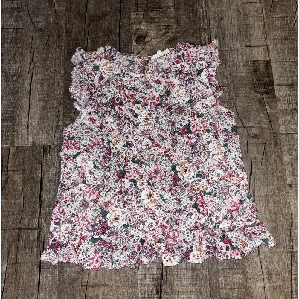 Floral Ruffle Sleeveless Blouse Pink‎ Purple Flower Print Peplum Top Women M